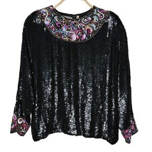 Donnatella Embellished Sequin Black Long Sleeve Top Shirt Women's
